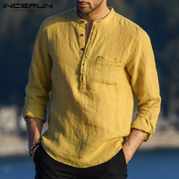 

cotton men shirt casual stand collar 2020 streetwear vintage blouse long sleeve solid color loose chic camisa masculina incerun, White;black