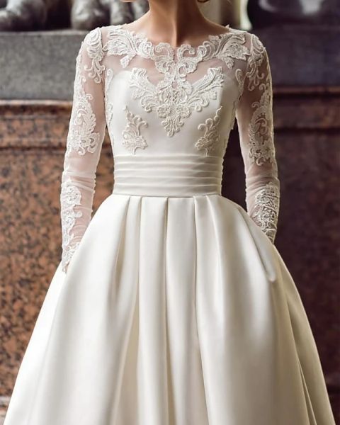 

ball gown wedding dresses jewel neck sweep / brush train lace satin long sleeve romantic see-through with embroidery appliques, White