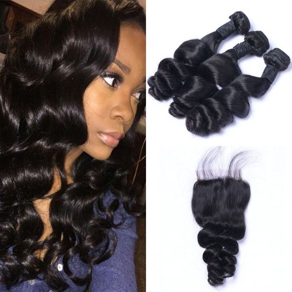 

brazilian loose wave virgin hair 3 bundles with closure 100% unprocessed human hair weave with closure 8-26 inch, Black;brown