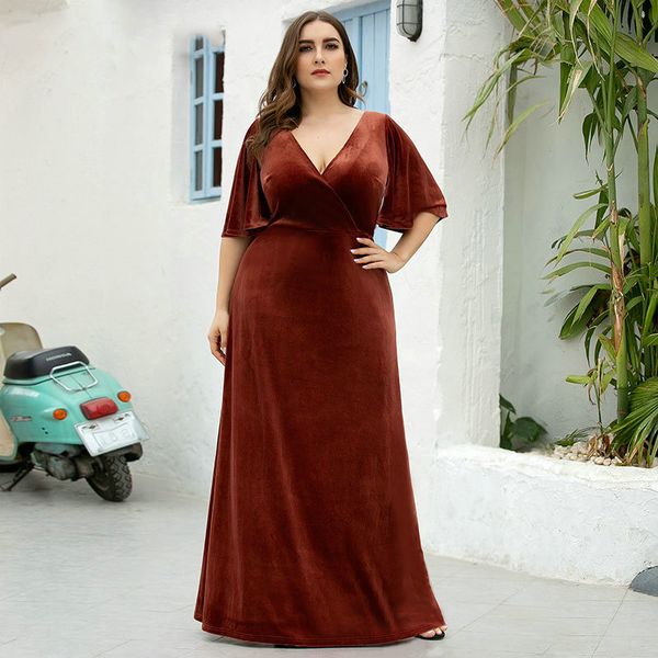 

plus size burgundy evening dresses a-line double v-neck half sleeve velour elegant evening gowns, White;black