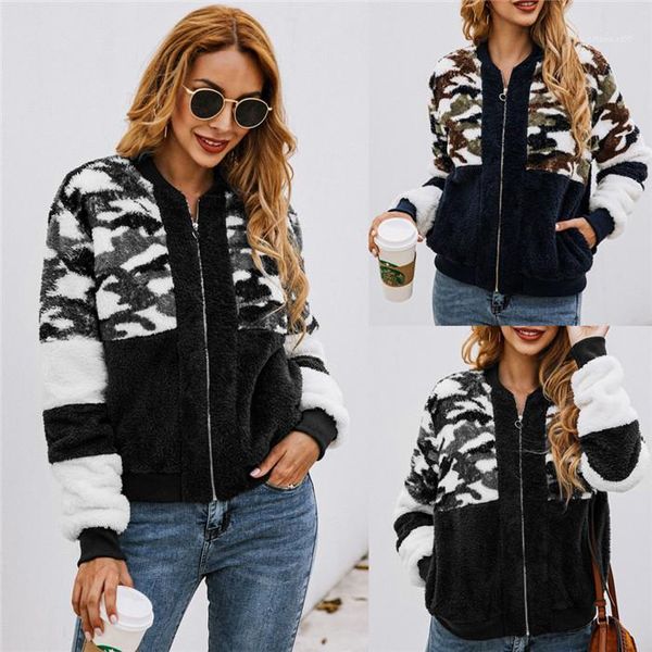 

warm outwears womens camouflage patchwork winter jackets woman fashion thickened plush zipper fly pocket coats women keep, Black;brown