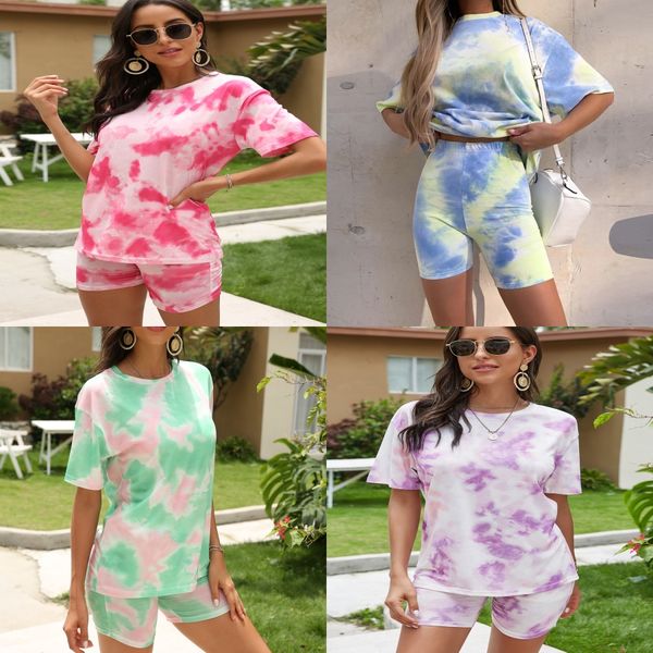 

women tracksuits neon green tie dye printed sport sets o-neck short sleeve t-shirt and tight shorts matching set casual suits#234, Gray
