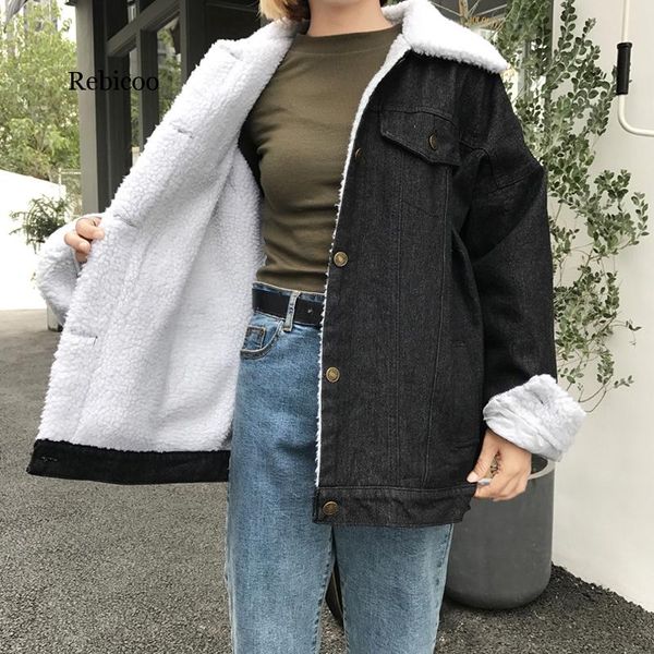 

women's jackets winter women lambswool jean coat long sleeves warm fleece jeans outwear autumn plus size 4xl denim jacket, Black;brown
