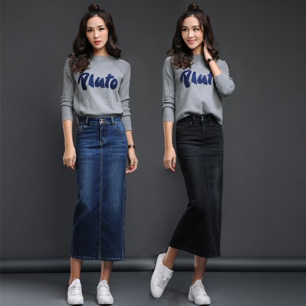 

qhbh9 half-length women's mid-length 2019 autumn and winter elastic high waist korean style denim skirt denim skirt slim and slim back, Black
