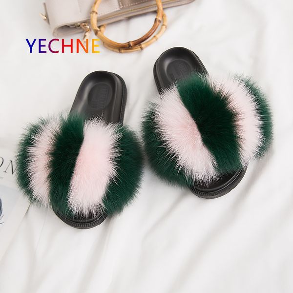 

women summer real fur slides fluffy slippers soft beach flip flops furry women shoes, Black