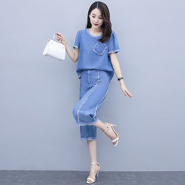 

tencel jeans set pants wide-leg pants women's 2020 high waist vertical jeans suit elegant slimming western style two-piece suit, Gray