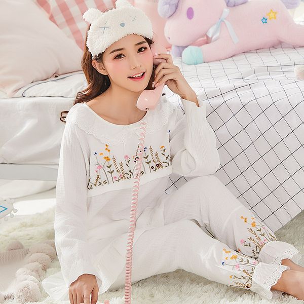 

maternity pajamas nightwear korean version embroidery flowers cotton soft breast feeding nightwear pregnant a016, White