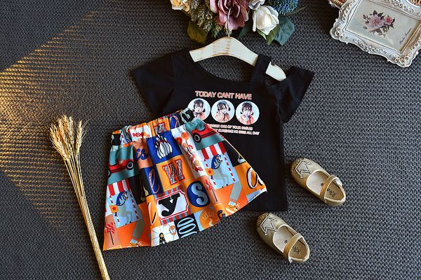 

2020 kids two-piece printed sets new girls off-shoulder short-sleeved t-shirt + printed skirts girls summer designer suits children sets, White