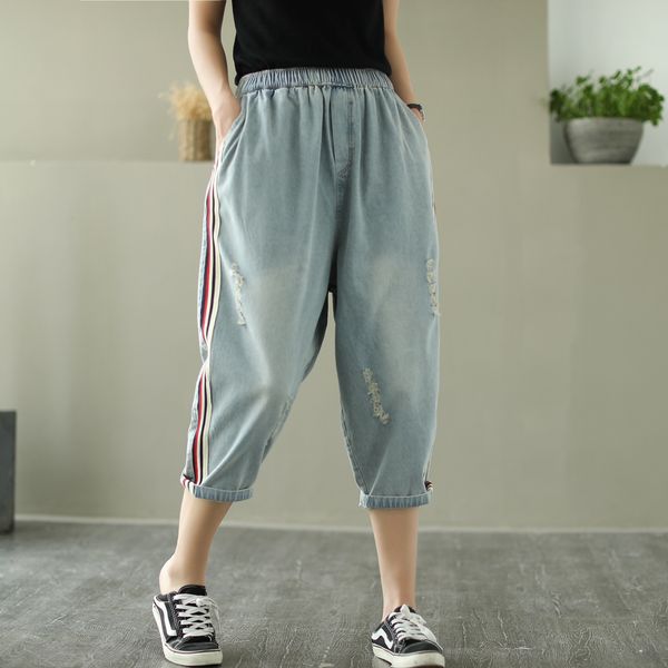 

printed loose large size and trousers and jeans jeans women's summer 2020 new elastic waist slotted capri pants women's pants, Blue