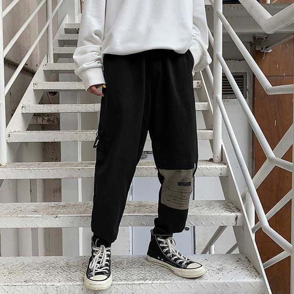 

2020 new autumn men cotton contrast-color pants men's casual print loose ankle-tied pants new fashion men's man, Black