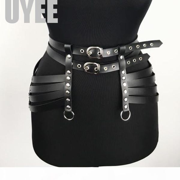 

uyee women pu leather harness body belts dress garters waist belts bondage belt punk adjustable suspender double straps lp-016, Black;brown