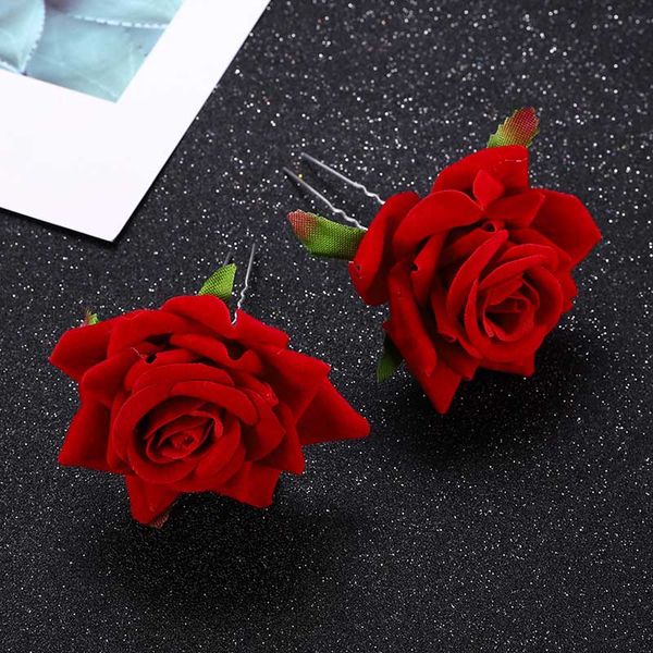 

forseven women girl bridal bride wedding party hair jewelry red white rose flower hair pins sticks clips ornaments, Golden;silver