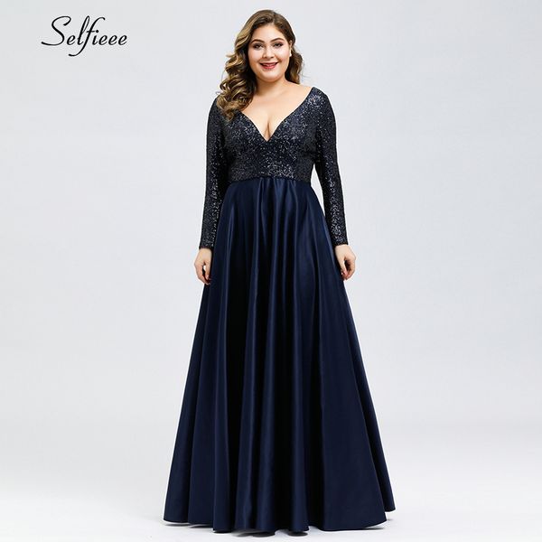 

fashion plus size women dress sequined deep v-neck full sleeve elegant navy blue stain maxi party dress vestidos de festa 2020, Black;gray