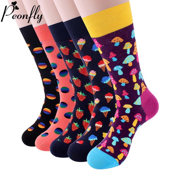 

peonfly colorful cotton men's socks funny mushroom strawberry geometric calcetines happy casual skate harajuku socks, Black