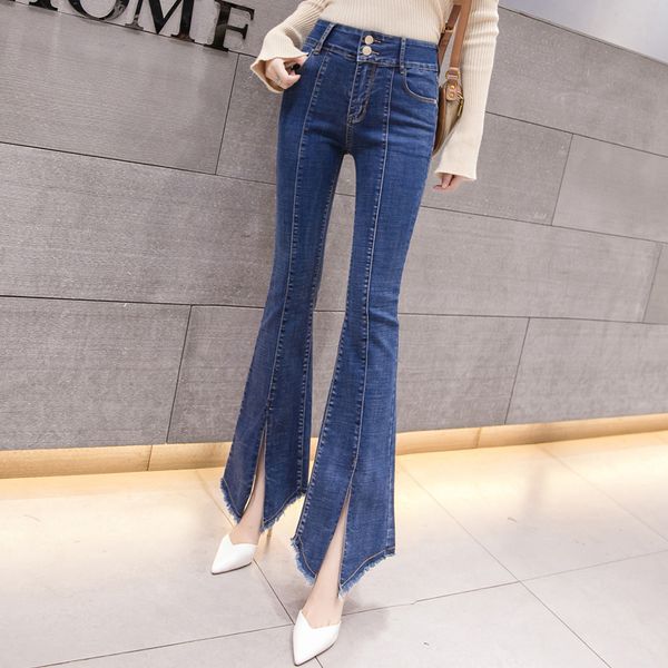

blue button up flare hem jeans woman long denim trousers single-breasted vintage pants capris 2020 high waist skinny women jeans