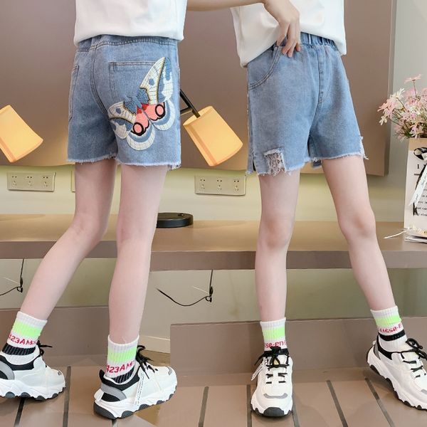 

pd15h girls' denim 2020 lace shorts butterfly shorts summer new fashion western style girls' fashionable stitching lace butterfly, Blue