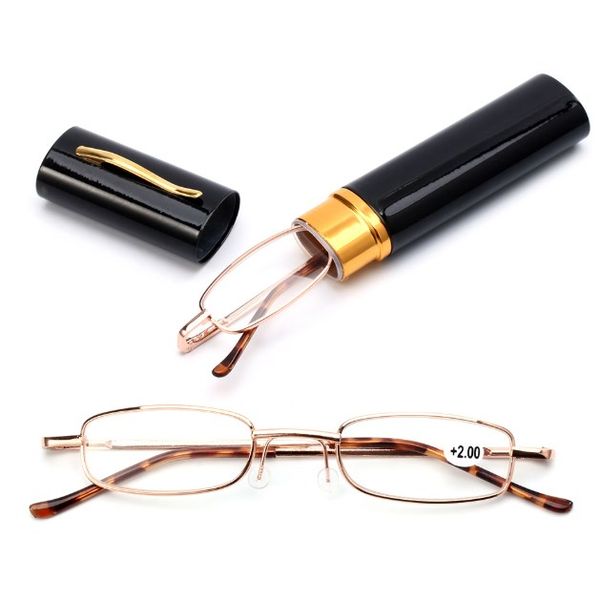 

reading glasses with pen tube case portable presbyopic glasses metal case spring hinge eyeglasses vision care +1.00~+4.00