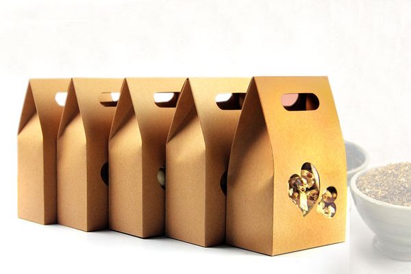 10 * 15.5 * 6 1000pcs kahverengi kraft kağıt torbalar kutuları düğün / Hediye / Takı / Gıda / Şeker Paketi Kağıt Kutusu için geri dönüştürülebilir pencereyi ayağa