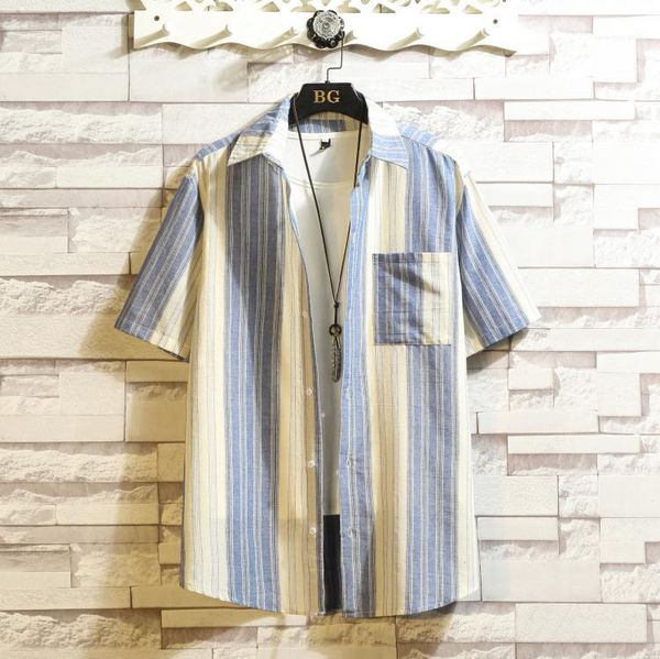 

man clothing striped lapel neck mens shirts summer loose casual thin men pockets short sleeve, White;black