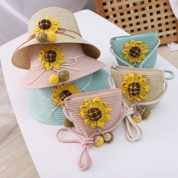 

qiu nan straw children's sun + bag set girls' summer beach sunflower straw hat sun hat, Yellow