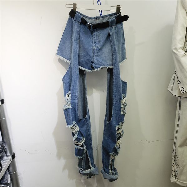 

women's jeans ewq] autumn 2021 products worn out hollow knee-waist belt blue female personality trousers students hip hop long pants