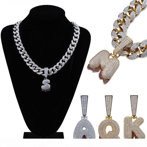 

18k gold cz zircon big a-z 26 initial bubble letter necklace pendant cuban chain for men full diamond letters hiphop rapper jewelry gifts, Silver