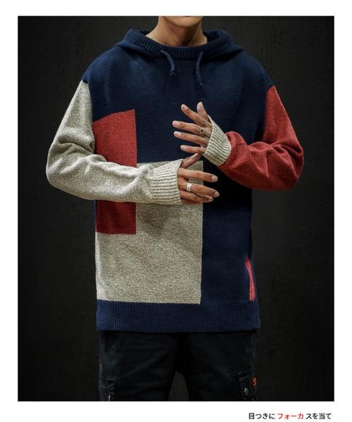 

men's sweaters knitted hooded jumper designer sweater autumn men blue patchwork streetwear casual sweatshirt tracksuit fashion homme, White;black