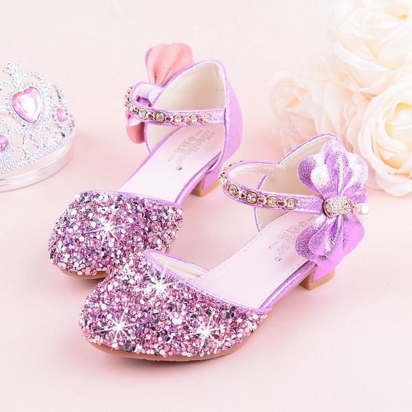 

2019 Girls Bow-knot Princess Shoes with High-Heeled, Kids Glitter Dance Performance Summer Shoes, Purple , Pink & Silver 26-38