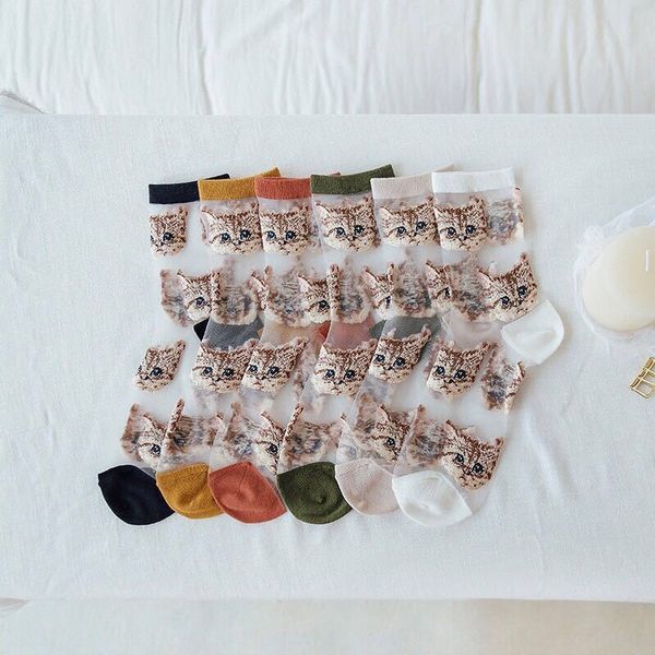 

new mid-tube and personalized glass transparent socks japanese and korean trend ins cartoon cat pile socks, Pink;yellow