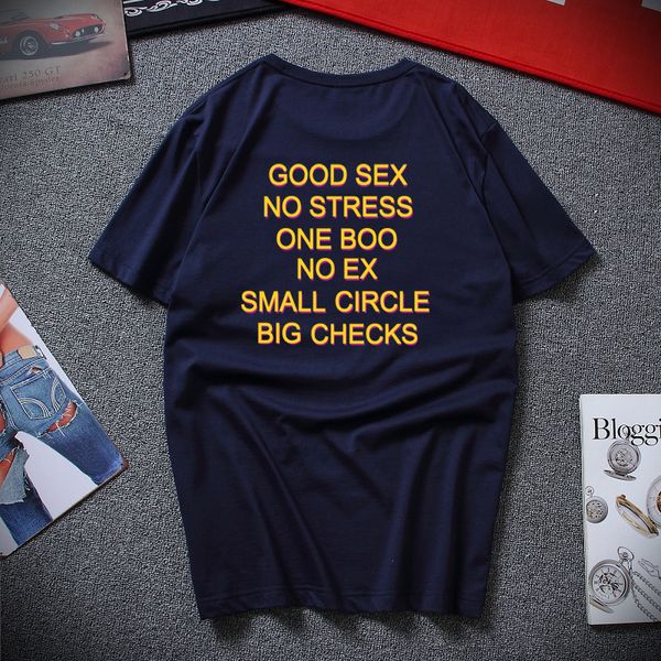 Lustiger guter Sex, kein Stress, ein Boo, kein Ex, kleiner Kreis, große Karos, T-Shirt, Buchstabendruck, Rückseite, EU-Größe, 100 % Baumwolle, MX200611