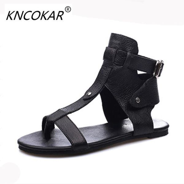 

kncokar 2020 summer new leather romanesque sandals with a comfortable low heel, Black