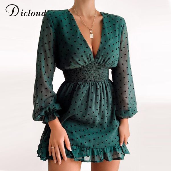 

dicloud polka dot long sleeve dress emerald women autumn v neck party day mini dress chiffon ruffle clothes female, Black;gray