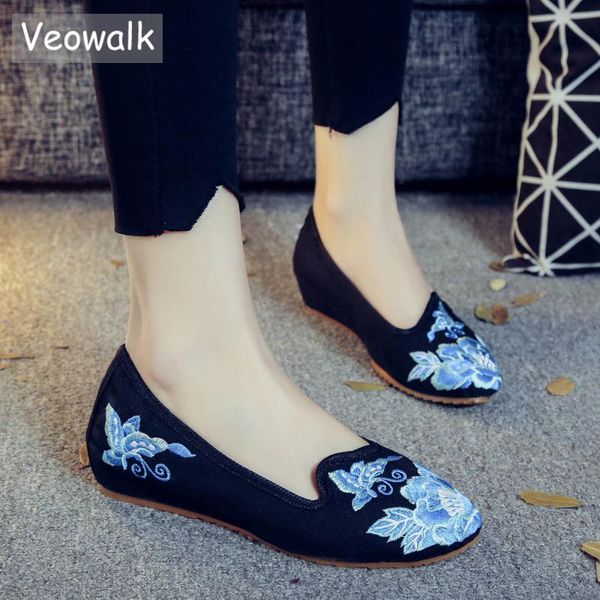 

veowalk острым носом женская обувь квартиры цветочные вышивка комфортная старый пекин handmade балерина обувь женщина sapato feminino, Black