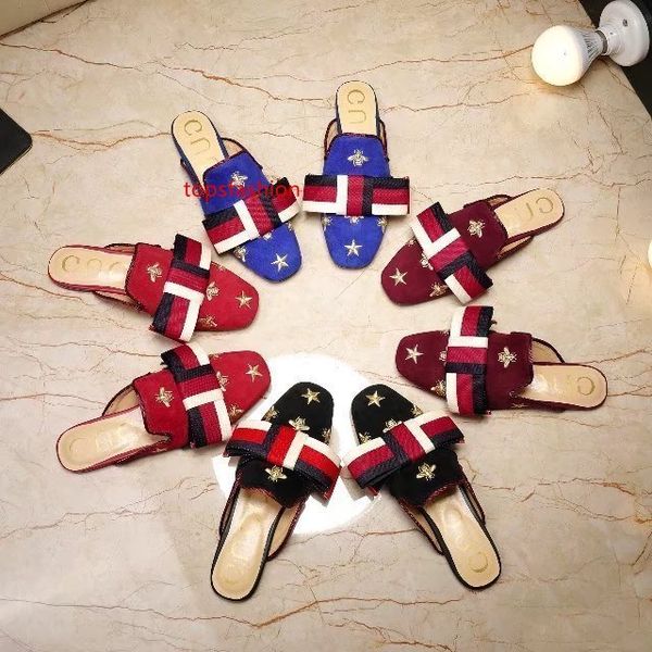 

2019 letter ribbon bow buckle flat shoes velvet deer leather fashion woman embroidery bee star casual slippers with, Black;green