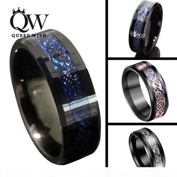 

queenwish 8мм черный синий карбида вольфрама кольца щепка black 18k розовое золото кельтский дракон mens обручальное кольцо себе ювелирные и, Golden;silver
