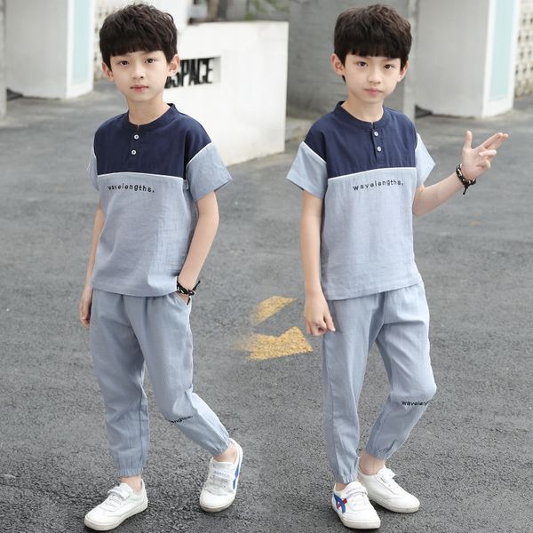 

ukayi boys' summer ice silk linen cool two-piece suit medium and large children's ankle-length pants short-sleeved shorts cotton c