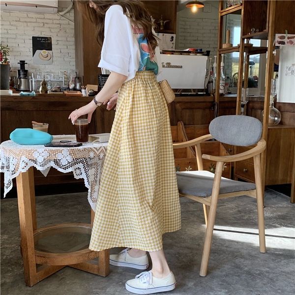 

2020 new loose korean style elastic waist plaid 2020 new loose korean style elastic long waist plaid skirt long skirt, Black