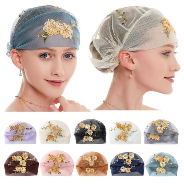 

muslim women lace cap embroidery headwrap mesh turban islamic headwear hat inner cap elegant bonnet beanies skullies fashion new, Blue;gray