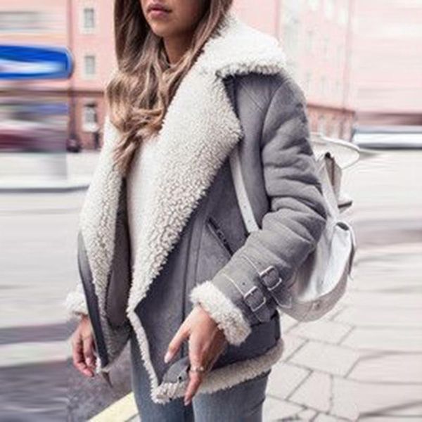 

plus size womens lambswool faux fur collar coats leather jacket zipper winter thick female lapel fur coat with pockets jackets, Black