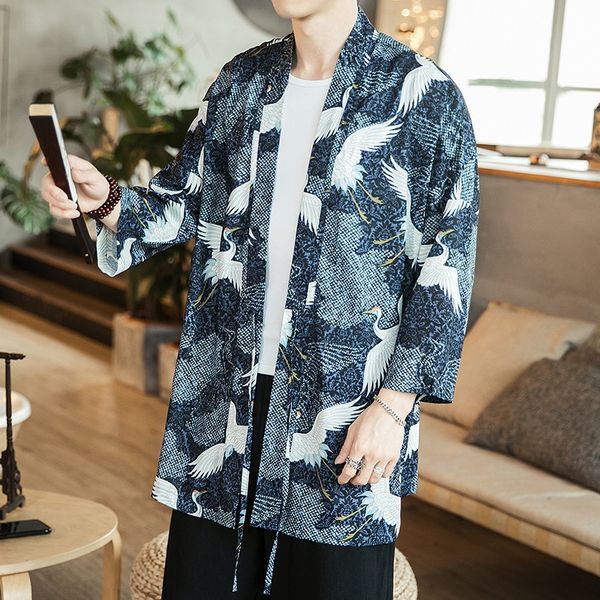 

мужской 2019 нового китайского плащом кимоно пальто кимоно стиль мужского плащ кран печататься средней длиной кардиганом пальто для мужчин, Tan;black