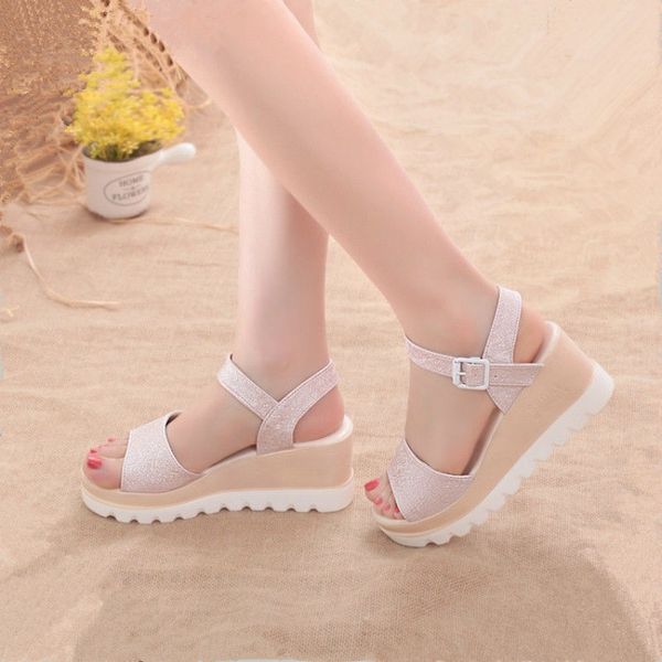 

sandals women's summer 2020 new simple fish mouth sandals muffins thick bottom wedge middle heel high heel women, Black