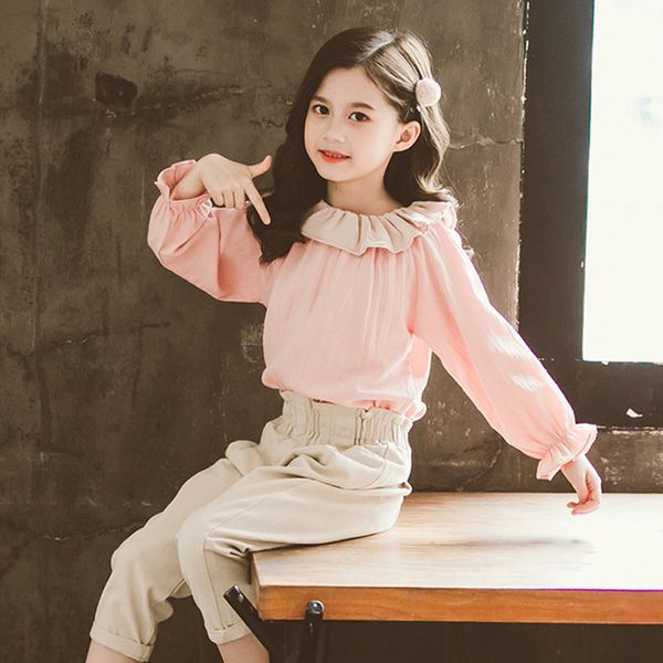 

keelorn fashion children autumn casual clothes sets teenager girls long sleeve ruffles collar pullover and solid pants costume, White