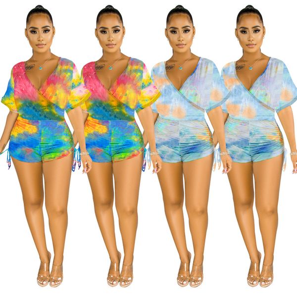 

tie dye floral womens jumpsuits v neck pleated gradient casual womens designer bodysuits short sleeve colorful rompers, Black;white