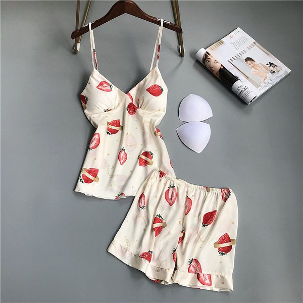 

лето nightdress женщины сексуального 2pcs пижама набор клубничных печати сладкие пижамы с бюстгальтером v-образный вырезом ремень topshorts, Black;red