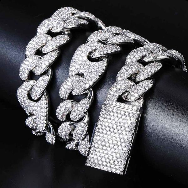 

20mm 18 22 inch 18k real gold plated bling cubic zirconia cuban link chain choker necklace bijoux mens hip hop rapper jewelry gifts for men, Silver