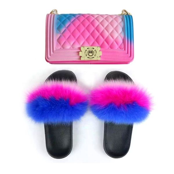 

2020 fashion designer colorful jelly bags fur slippers and purse sets, Black