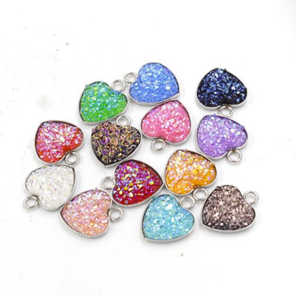 

stainless steel love heart druzy stone pendant bling heart-shaped charm for necklaces fashion diy jewelry making in bulk, Silver
