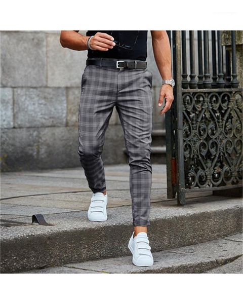 

mid waist button fly pants with pockets man fashion style pants plaid pencil pants casual regular, Black