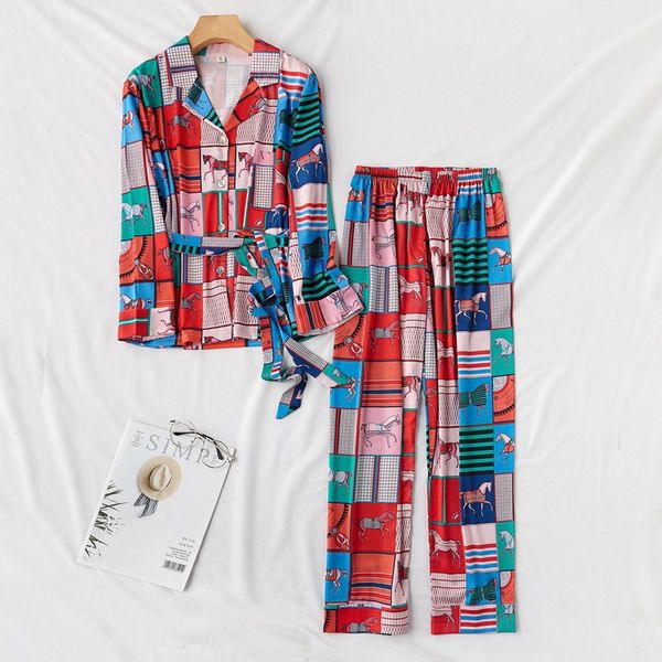 

fashion overall printing pajama set women silk long sleeve shirts and pants 2 pcs pijamas femme satin sleepwear homewear, Black;red