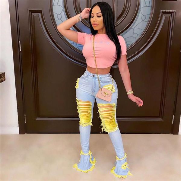 

pants woman fashion trousers womens hole flare jeans women summer tassel ruffle 3xl plus size demin, Blue